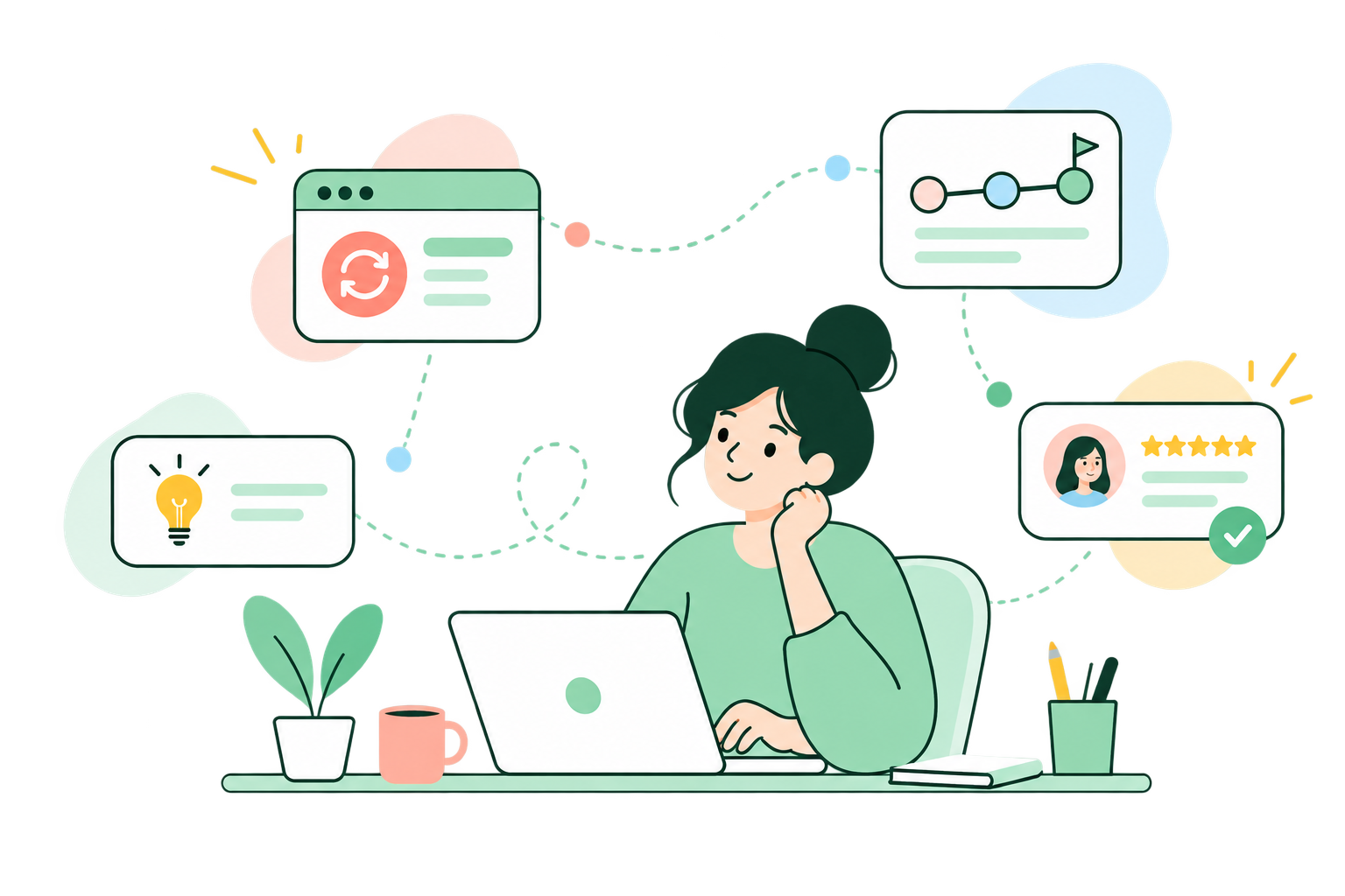A software maker surrounded by connected update, request, roadmap, and review cards